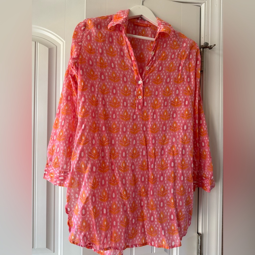 Oliphant Floral Cotton Mix Print Button Front Roll Sleeve Tunic EUC Small